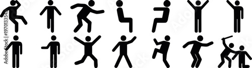stickman action pose icon set human activity silhouettes vector collection, people movement icons simple stick figure poses minimal design pack activity symbols set, human actions daily life poses