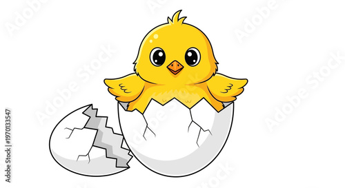 A cheerful cartoon chick emerging from a cracked egg shell with a happy expression.