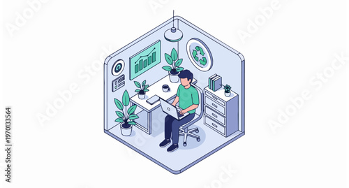 Man Working on Laptop in Eco-Friendly Sustainable Office, Isometric Illustration of Green Business and Corporate Social Responsibility