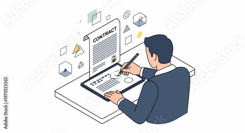 Businessman Signing Digital Contract on Tablet Isometric Illustration. Professional E-Signature Concept for Legal Agreement and Paperless Office Workflow.