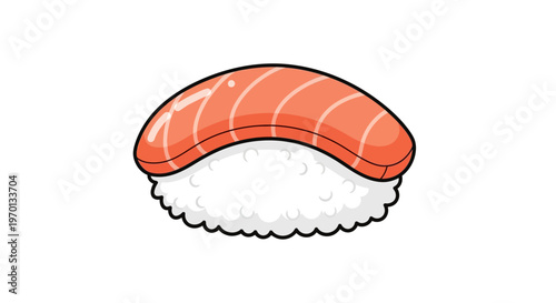 A stylized illustration of a piece of nigiri sushi with salmon on top of rice.