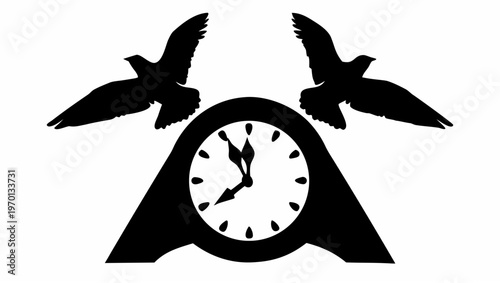 Melting clock with flying birds silhouette symbolizing freedom and timelessness in a surreal scene