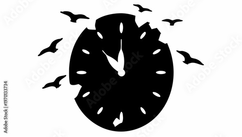 Melting clock silhouette transforms into flying birds symbolizing freedom and time concept