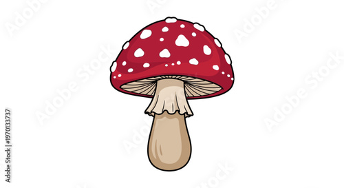 A whimsical illustration of a classic red mushroom with white spots and a tan stem