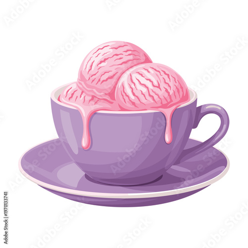 Three scoops of delicious pink strawberry ice cream in a purple teacup on a matching saucer.