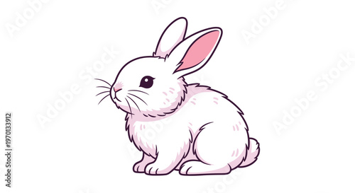 A cute cartoon depiction of a small white rabbit sitting calmly on a plain background