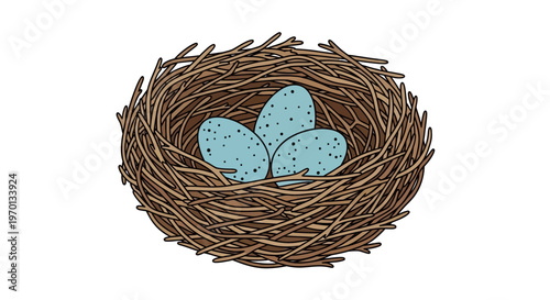A cozy bird nest holding two blue eggs inside a natural woven structure