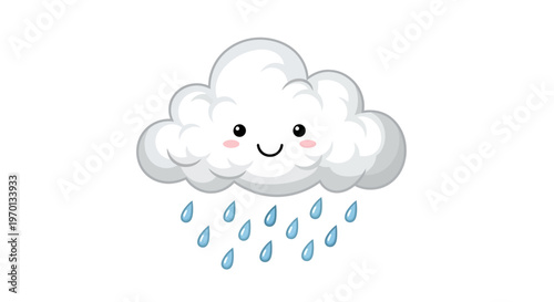 A cheerful cartoon cloud with a smiling face and falling raindrops