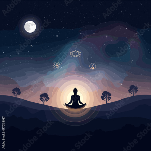 Serene silhouette of a person meditating under a starry night sky with a full moon and cosmic clouds, symbolizing inner peace and spiritual enlightenment.