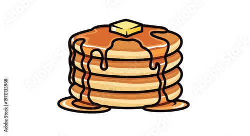 Stack of golden-brown pancakes with a drizzle of syrup on top