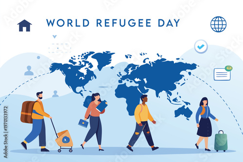 World refugee day illustration showing people migrating across a world map