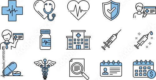 Comprehensive healthcare and medical services icon set with hospital and diagnostic symbols