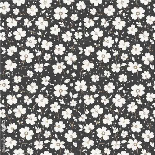 Hand drawn floral seamless pattern white flowers dark charcoal background minimalist botanical vintage nature textile surface design