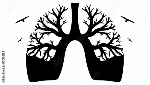 Tree shaped like human lungs with birds flying around symbolizing air and freedom in nature