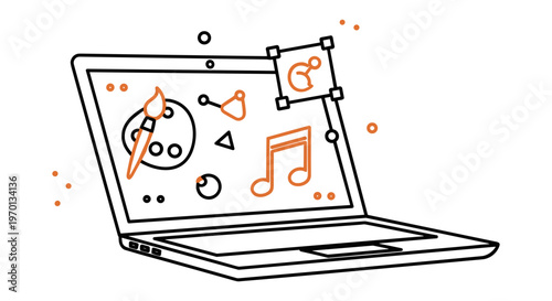 Laptop music production minimalist orange line art for creative industry
