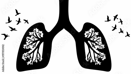 Tree shaped lung system with birds flying symbolizing health and freedom in environment