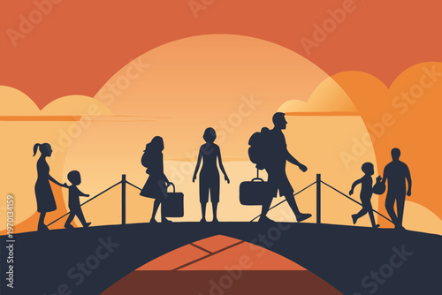 Silhouetted family walks along a path towards a bright orange sunset