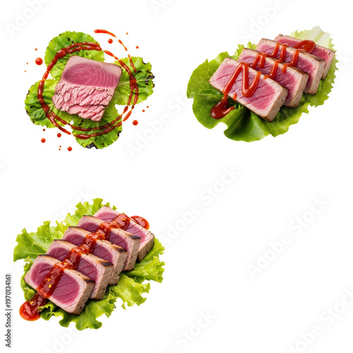 Seared tuna steaks with lettuce and sauce