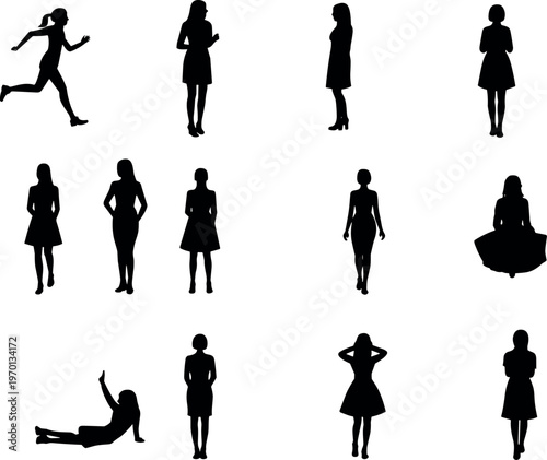 Woman silhouette collection featuring standing, walking, running and posing female figures, fashion and lifestyle poses isolated vector set on white background