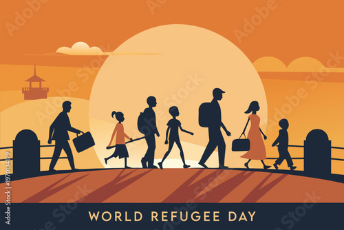 Silhouetted figures walking towards a large sun commemorating world refugee day
