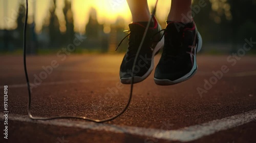 Vitality. Athletic man in sports gear jumps rope tensely on sports field. In slow motion disciplined athlete jump rope exercise conducts training, energy