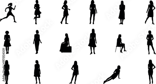 Women silhouettes collection featuring running, standing, sitting and elegant fashion poses, modern female lifestyle figures isolated vector set on white background