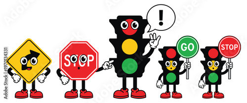 Collection of traffic signs and cartoon character signals with emotions.