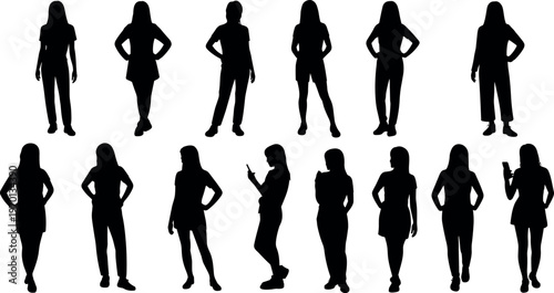 Women silhouettes collection with casual standing poses, modern lifestyle female figures, fashion and everyday activity characters isolated on white background