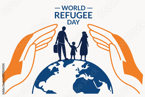 World refugee day illustration showing a family protected by embracing hands