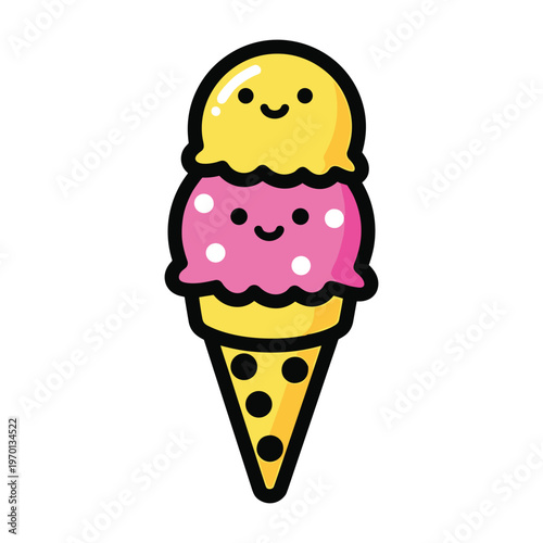 Cute cartoon ice cream cone with two smiling scoops of yellow and pink flavors on a white background