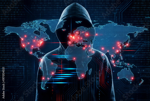 Global cyber warfare and digital espionage concept with hooded hacker silhouette against virtual world map and binary data circuit background.