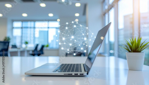 オフィスのノートパソコン上に浮かぶネットワーク接続イメージ、企業DXとクラウド活用を表す背景素材