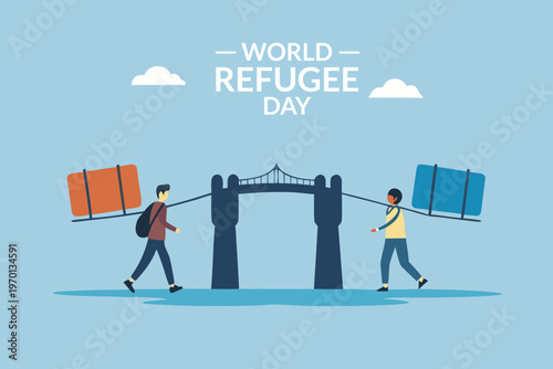 World refugee day illustration depicting people carrying burdens across a bridge
