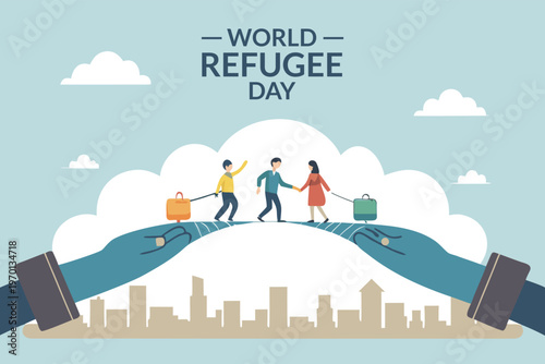 World refugee day illustration hands supporting people with luggage high quality