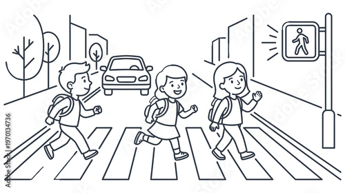 Children cross street at crosswalk pedestrian traffic light green signal.