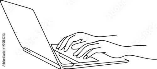 Hands typing on laptop line drawing representing remote work digital communication and productivity concept