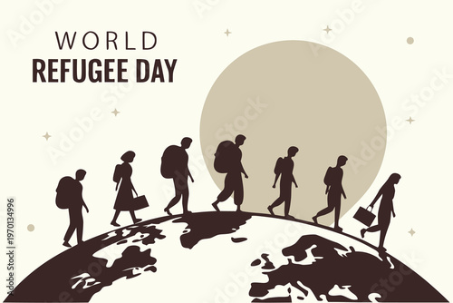 World refugee day illustration depicting silhouettes walking on a globe