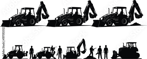 Backhoe loader and construction worker silhouettes set showing digging, loading, and teamwork activities isolated on white background for industrial concept