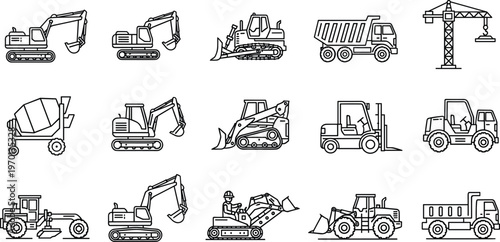 Construction equipment outline icons set including excavators, bulldozers, cranes, dump trucks, and loaders isolated on white background for industrial use