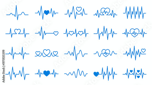 Set of blue heartbeat pulse line icons with different cardiogram heart shapes isolated on white background, concept for medical diagnostics, health monitoring app and emergency clinical care