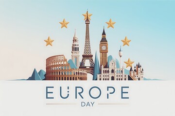 European landmarks, city skylines, iconic buildings, illustration for Europe Day