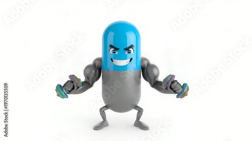 3D cartoon of a blue and grey pill capsule with muscular arms and legs, flexing and holding colorful dumbbells on a white background