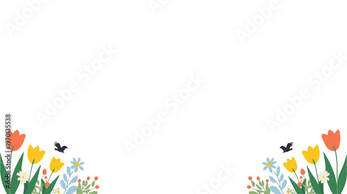 template. Minimalist spring element web banner. Clean flat vector design. Abstract geometric composition with simplified shapes of tulips, daisies, birds, and leaves clustered in the bottom