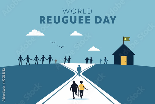 World Refugee Day illustration depicting a journey towards hope and a new home