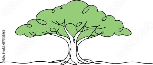 Tree line drawing illustration with natural growth environment and eco friendly design concept