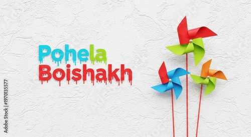 Colorful pinwheels celebrate Pohela Boishakh with vibrant graffiti text