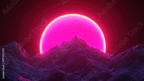 Vibrant, glowing sun rises over rugged mountain landscape, casting surreal pink hue across scene. combination of colors creates otherworldly atmosphere, evoking feelings of wonder and exploration