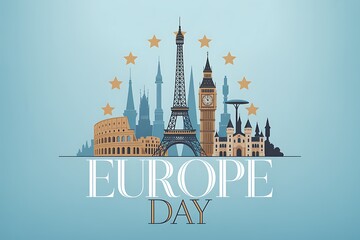 Europe Day, city skylines, landmarks, icons, illustration
