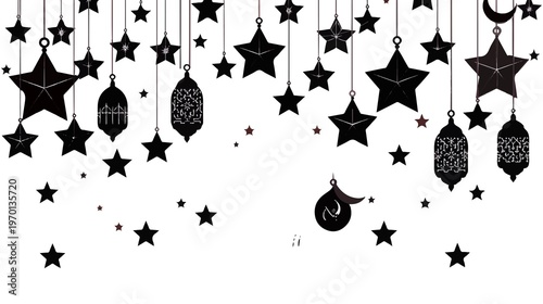 template Ramadan banner featuring a multitude of stylized stars in a flat design aesthetic, rendered in a striking black and white color scheme