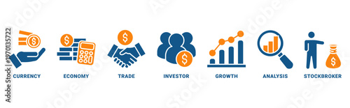 Forex icon set vector concept with icon of currency, economy, trade, investor, growth, analysis and stockbroker 